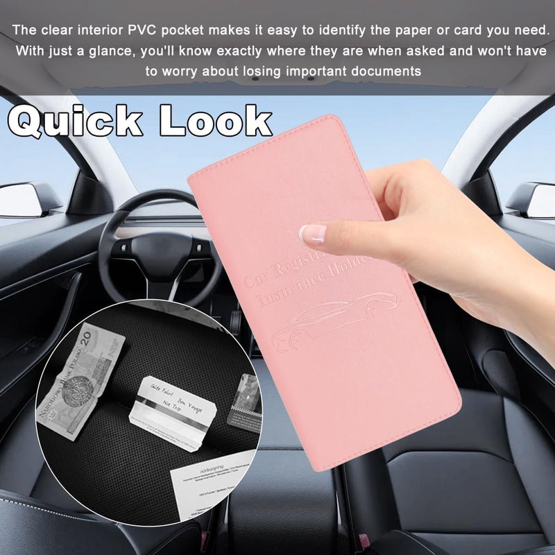 Wevdn Car Registration and Insurance Holder, PU Leather Vehicle Glove Box Organizer with Magnetic Shut, Wallet Case for Insurance Card Driver License Document, Car Accessories (Pink, Matte) - Image 4